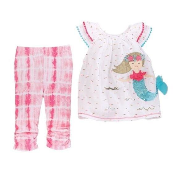 Mud Pie Girls Mermaid Tunic & Capri Set Girls Size 12-18M Muslin Tunic Flutter S - Picture 1 of 2